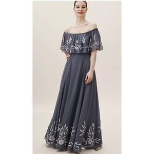 BHLDN Anthropologie Brittany Floral Embroidered Beaded Off‎ Shoulder Maxi Dress